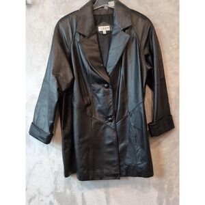 Ricardo Black Genuine Leather Coat Jacket XL Longline Two Button Blazer Vtg